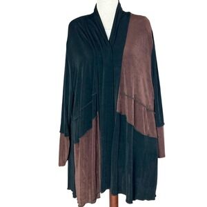 Heydari Black Brown Patchwork Duster Cardigan Open Front 2X Retro Quiet Luxury